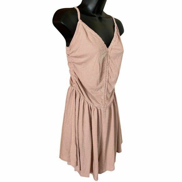 LE LIS Romper Ribbed Spaghetti Straps Criss Cross Back Beige Color Size Large - Picture 2 of 8